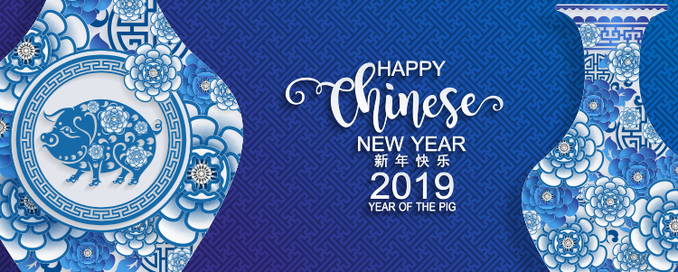 Modrobílý čínský porcelán ve stylu novoročního grafického designu 2019